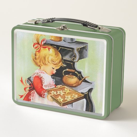 レトロヴィンテージベーキングガールホリデークリスマス メタルランチボックス (正面)