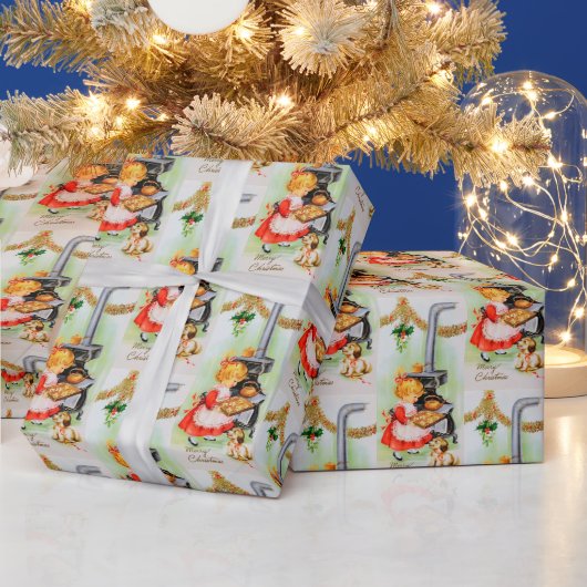 レトロヴィンテージベーキング女の子パーティー ラッピングペーパー (クリスマス)