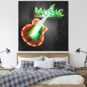 レトロヴィンテージベースのギター音楽ネオンサインの緑 キャンバスプリント (インサイチュ (寝室))