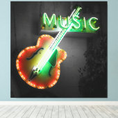 レトロヴィンテージベースのギター音楽ネオンサインの緑 キャンバスプリント (インサイチュ (ウッドフロア))