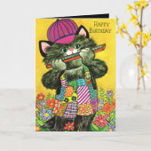 レトロヴィンテージホボ猫好き誕生日 カード (黄色い花)