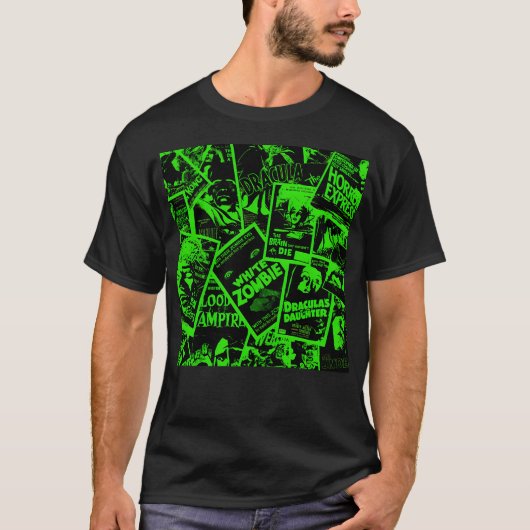 レトロヴィンテージホラー映画コラージンググリーン Tシャツ (正面)