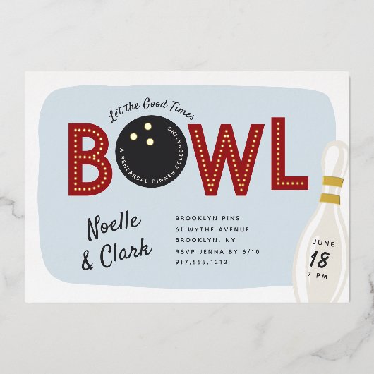 レトロヴィンテージボーリングテーマリハーサルディナー 箔招待状 (正面)