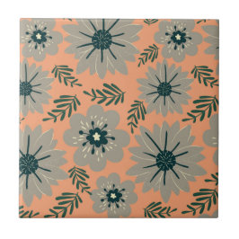 レトロヴィンテージミッドセンチュリーモダングレーピーチフラワー タイル