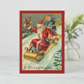 レトロヴィンテージメリークリスマスサンタボーイそり シーズンカード (スタンド正面)