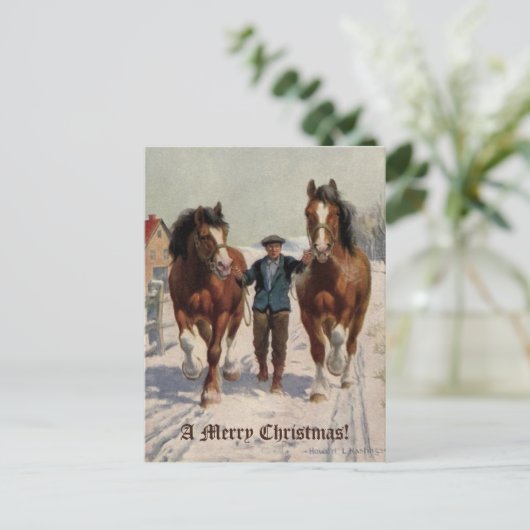 レトロヴィンテージメリークリスマスビレッジホーススノー シーズンポストカード (スタンド正面)