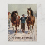 レトロヴィンテージメリークリスマスビレッジホーススノー シーズンポストカード (正面)