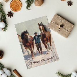 レトロヴィンテージメリークリスマスビレッジホーススノー シーズンポストカード