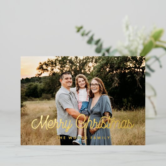 レトロヴィンテージメリークリスマスファミリーフォト金ゴールド 箔シーズンカード (立ち正面)