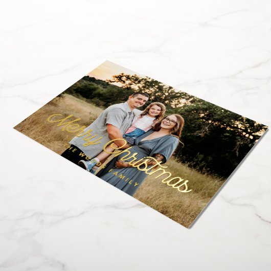 レトロヴィンテージメリークリスマスファミリーフォト金ゴールド 箔シーズンカード (回転した状態)