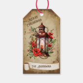 レトロヴィンテージランタンレッドグリーンフローラクリスマス ギフトタグ (正面)
