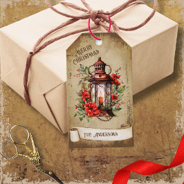 レトロヴィンテージランタンレッドグリーンフローラクリスマス ギフトタグ