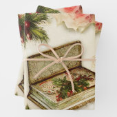 レトロヴィンテージレッドグリーンホリークリスマスホリデー ラッピングペーパーシート (インサイチュ)