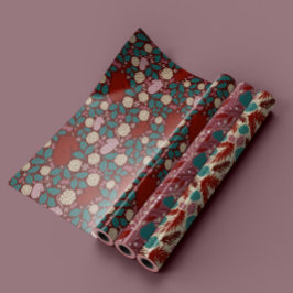 レトロヴィンテージレッドティール（緑がかった色）コージーフローラクリスマス ラッピングペーパーシート