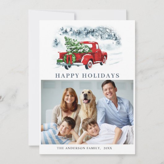 レトロヴィンテージレッドトラッククリスマスグリーティング2写真 シーズンカード (正面)