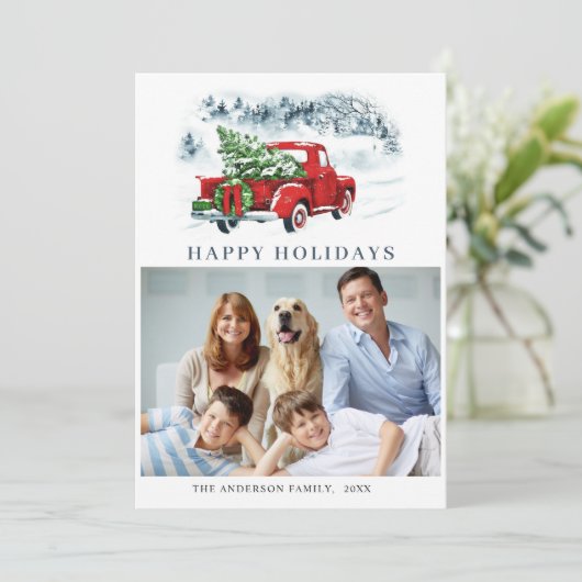 レトロヴィンテージレッドトラッククリスマスグリーティング2写真 シーズンカード (スタンド正面)