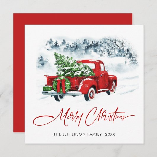 レトロヴィンテージレッドファームトラッククリスマスグリーティング シーズンカード (正面/裏面)