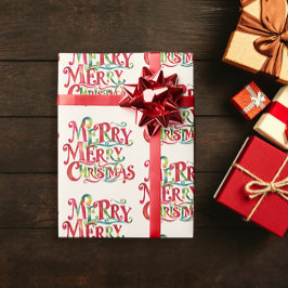 レトロヴィンテージレッドメリークリスマスウォーター色Typo ラッピングペーパー