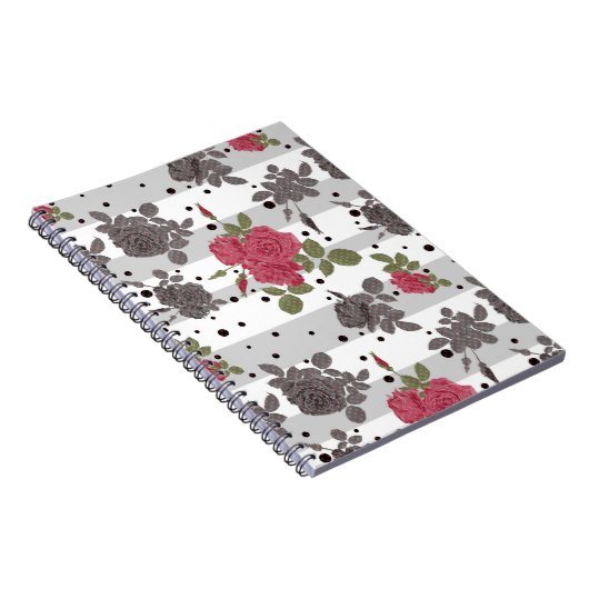 レトロヴィンテージレッドローズシームレスパターン水玉模様 ノートブック (右側)