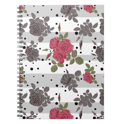 レトロヴィンテージレッドローズシームレスパターン水玉模様 ノートブック (正面)