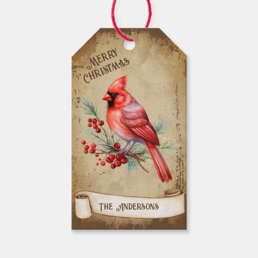 レトロヴィンテージレッド（鳥）ショウジョウコウカンチョウバードメリークリスマス ギフトタグ (正面)