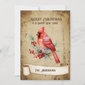 レトロヴィンテージレッド(鳥)ショウジョウコウカンチョウバードメリークリスマス シーズンカード (正面)