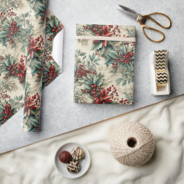 レトロヴィンテージ伝統的モダンクリスマスホリー ラッピングペーパー