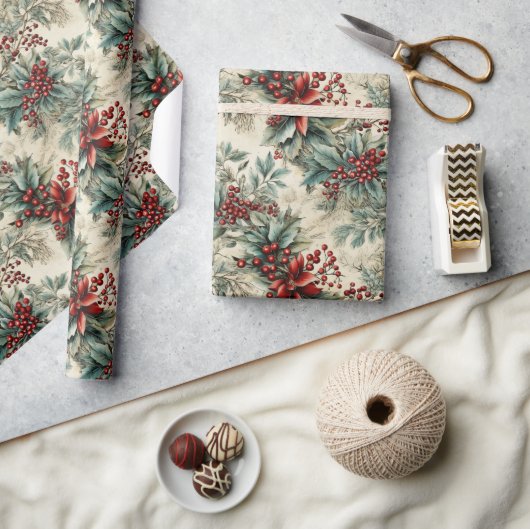 レトロヴィンテージ伝統的モダンクリスマスホリー ラッピングペーパー (クラフト)