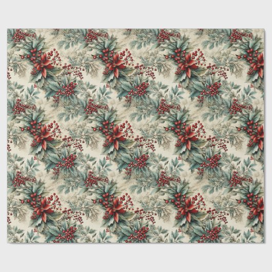レトロヴィンテージ伝統的モダンクリスマスホリー ラッピングペーパー (フラット)