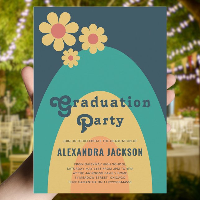 レトロヴィンテージ卒業党予算 (Retro daisy arch graduation party budget invitation groovy 70s typography blue yellow orange green)