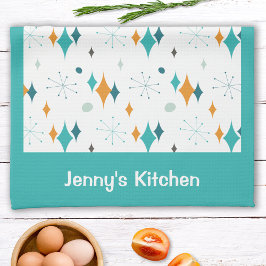 レトロヴィンテージ原子スターバストパターン名前をカスタムする キッチンタオル