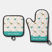 レトロヴィンテージ原子スターバストパターン名前をカスタムする 鍋つかみ&鍋敷きセット (正面)