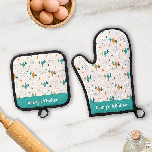 レトロヴィンテージ原子スターバストパターン名前をカスタムする 鍋つかみ&鍋敷きセット