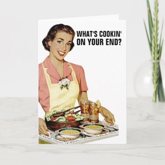 レトロヴィンテージ妻あいさつカード、ちょうど言う カード (正面)