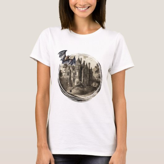 レトロヴィンテージ幽霊のよく出るマンションオブドラキュラとこうもり Tシャツ (正面)