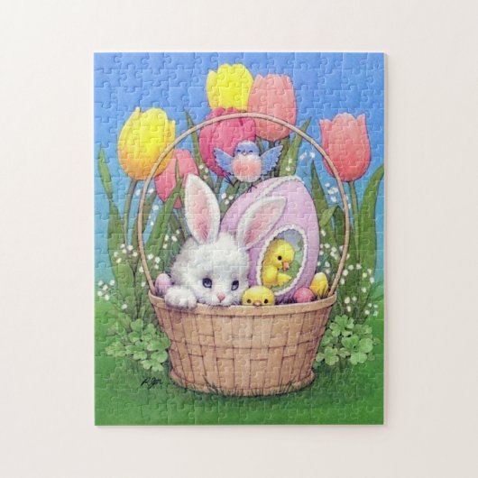 レトロヴィンテージ復活祭バニーバスケットホリデー ジグソーパズル (縦)