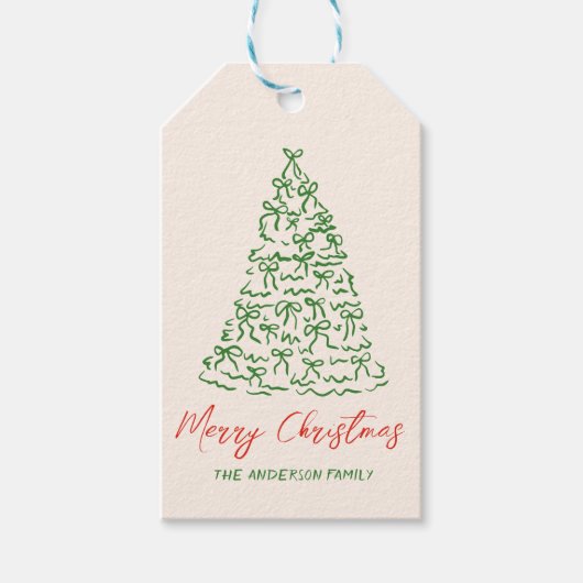 レトロヴィンテージ手描きリボンツリークリスマス ギフトタグ (正面)