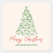 レトロヴィンテージ手描きリボンツリークリスマス スクエアシール (正面)