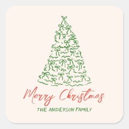レトロヴィンテージ手描きリボンツリークリスマス スクエアシール