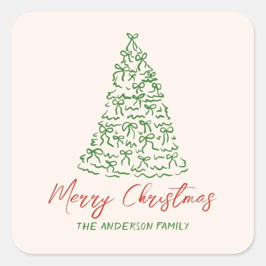 レトロヴィンテージ手描きリボンツリークリスマス スクエアシール (正面)