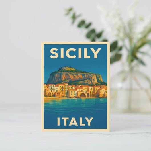 レトロヴィンテージ旅行シチリーイタリア沿岸風光明媚 ポストカード (スタンド正面)