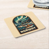 レトロヴィンテージ旅行ノルウェーノーザンライツシー スクエアペーパーコースター (アングル)
