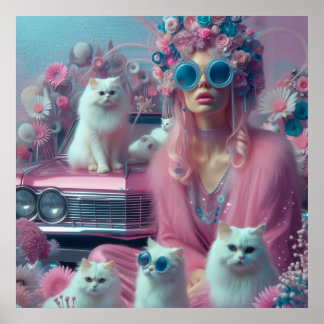 レトロヴィンテージ白猫の女性 ポスター