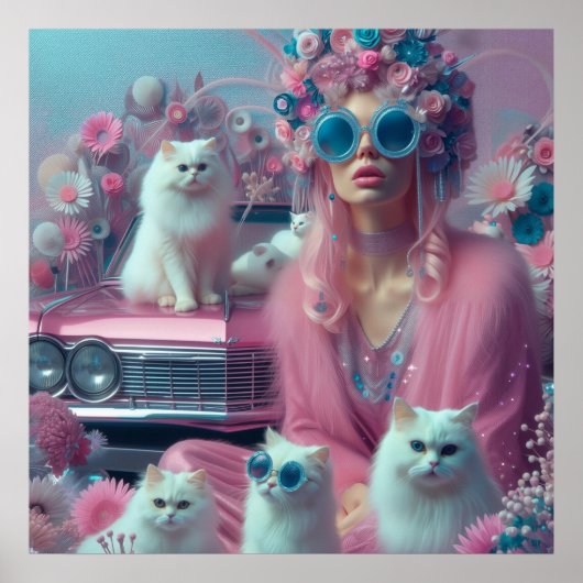 レトロヴィンテージ白猫の女性 ポスター (正面)