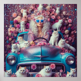 レトロヴィンテージ白猫の女性 ポスター