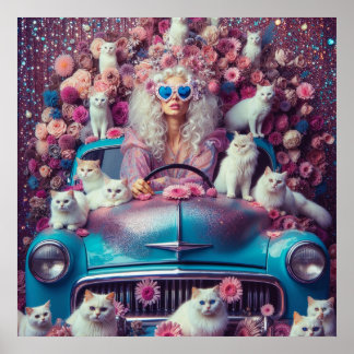 レトロヴィンテージ白猫の女性 ポスター