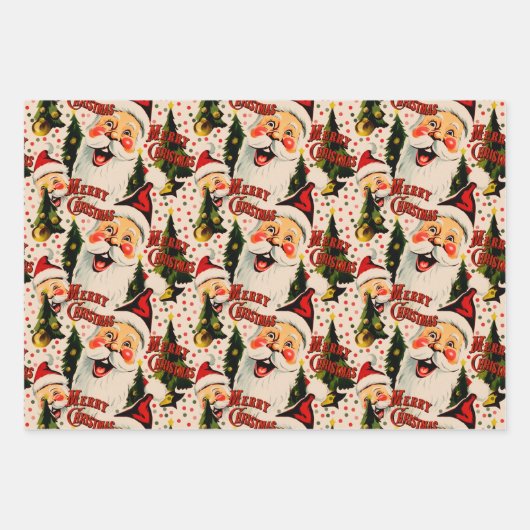 レトロヴィンテージ笑いサンタスラッピング紙 ラッピングペーパーシート (正面)