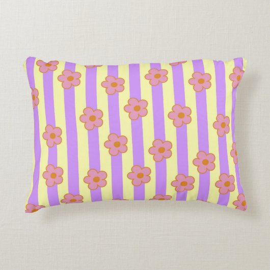 レトロヴィンテージ紫ストライプの花柄 アクセントクッション (正面)