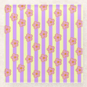 レトロヴィンテージ紫ストライプの花柄 ガラスコースター (正面)