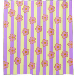 レトロヴィンテージ紫ストライプの花柄 シャワーカーテン